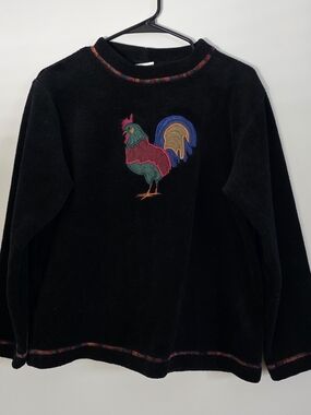 Black Women's Embroidered Rooster Crewneck Sweater USA Granny Cottage Core Farm
